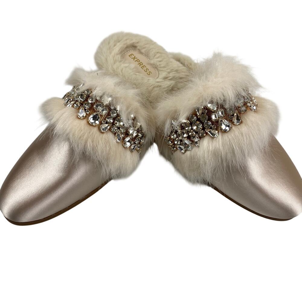 Express Faux Fur Crystal Mule Slippers Pink Coquette Twee Glam Cozy Holiday Chic - Picture 4 of 9